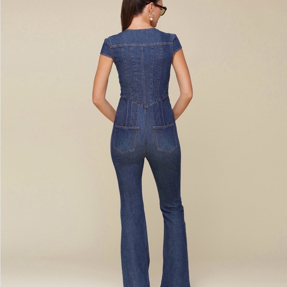 Avec Les Filles Dark Blue Women's Sweetheart-Neck Corset Zip-Up Jumpsuit - Picture 3 of 4